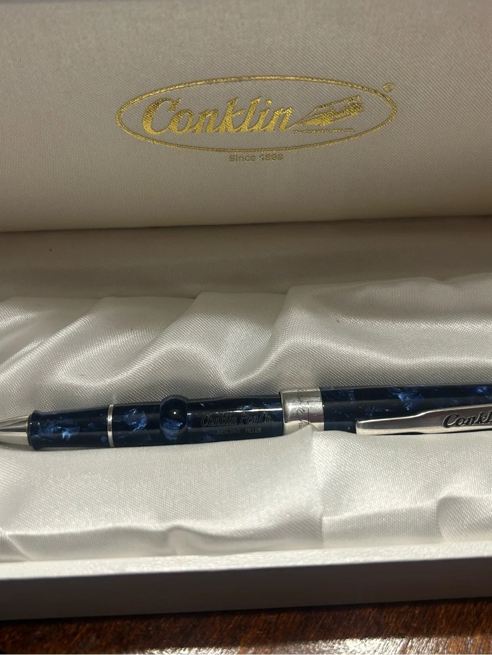 Conklin Mark Twain Crescent Filler Fountain Pen in a blue marbled in Conklin box